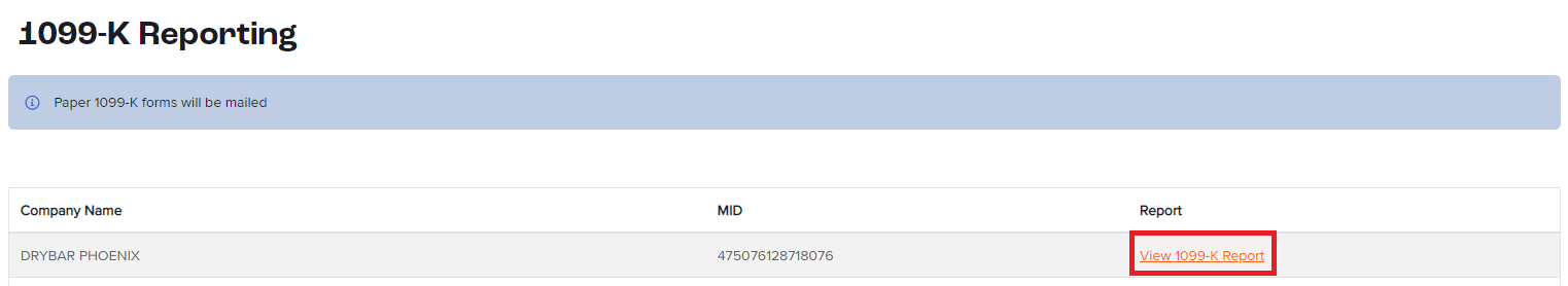 1099-K Reporting page with the View 1099-K Report link highlighted