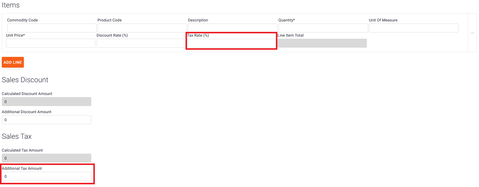 Enhanced data form with the Tax Rate (%) and Additional Tax Amount fields highlighted