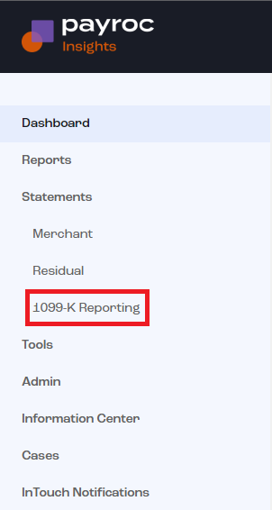Payroc Insights side menu with 1099-K Reporting highlighted under Statements