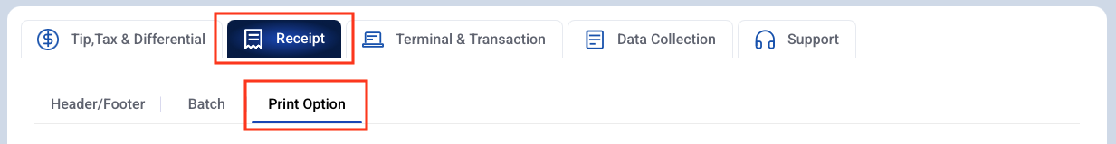 Device parameters with the Receipt tab and the Print Option tab highlighted