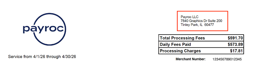 Statement cover page with the Payroc address highlighted in the top-right corner