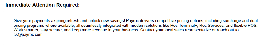 Immediate Attention Required box with a Payroc pricing update