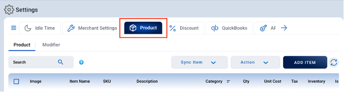 Settings page with the Product tab highlighted