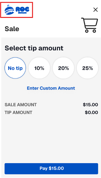 Payroc App Sale screen with a custom Roc Burger logo highlighted in the header