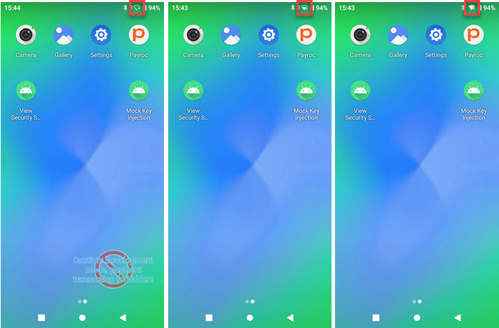 Three device home screens with the Wi-Fi icon highlighted as it fills with increasing signal strength