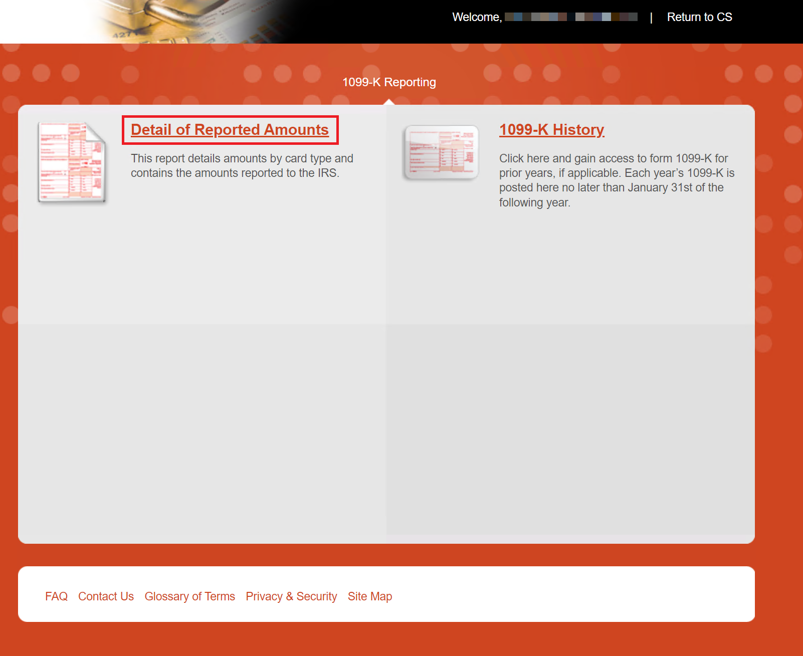 1099-K Reporting page with the Detail of Reported Amounts link highlighted