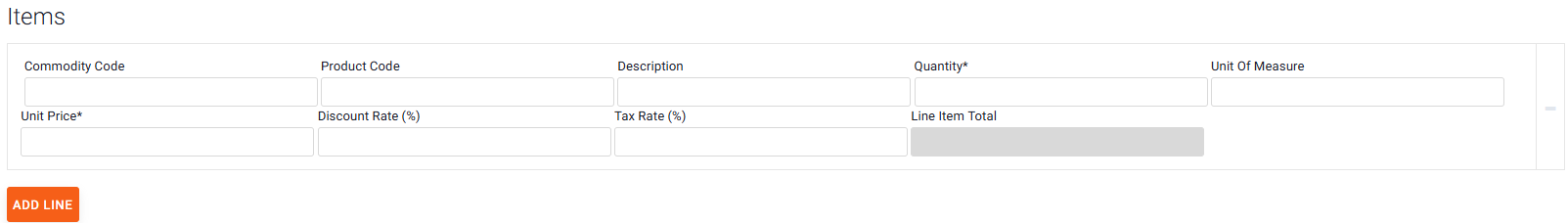 Items section with line-item fields, including Description and Tax Rate, and the ADD LINE button