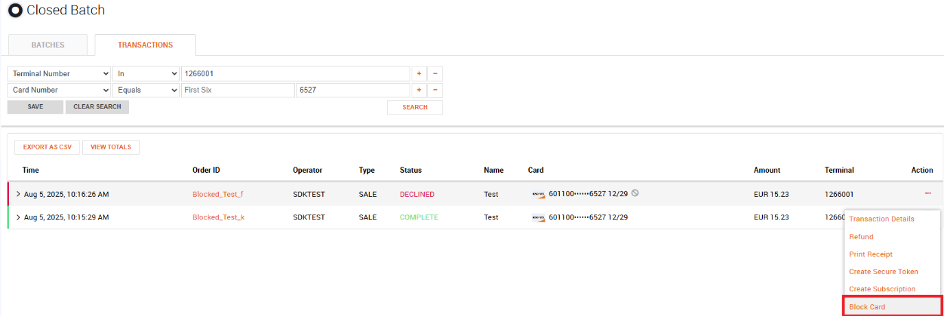Closed batch search results with the Action menu open and Block Card highlighted