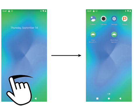 Swiping left on the Home screen to open the App screen with the Settings and Payroc apps