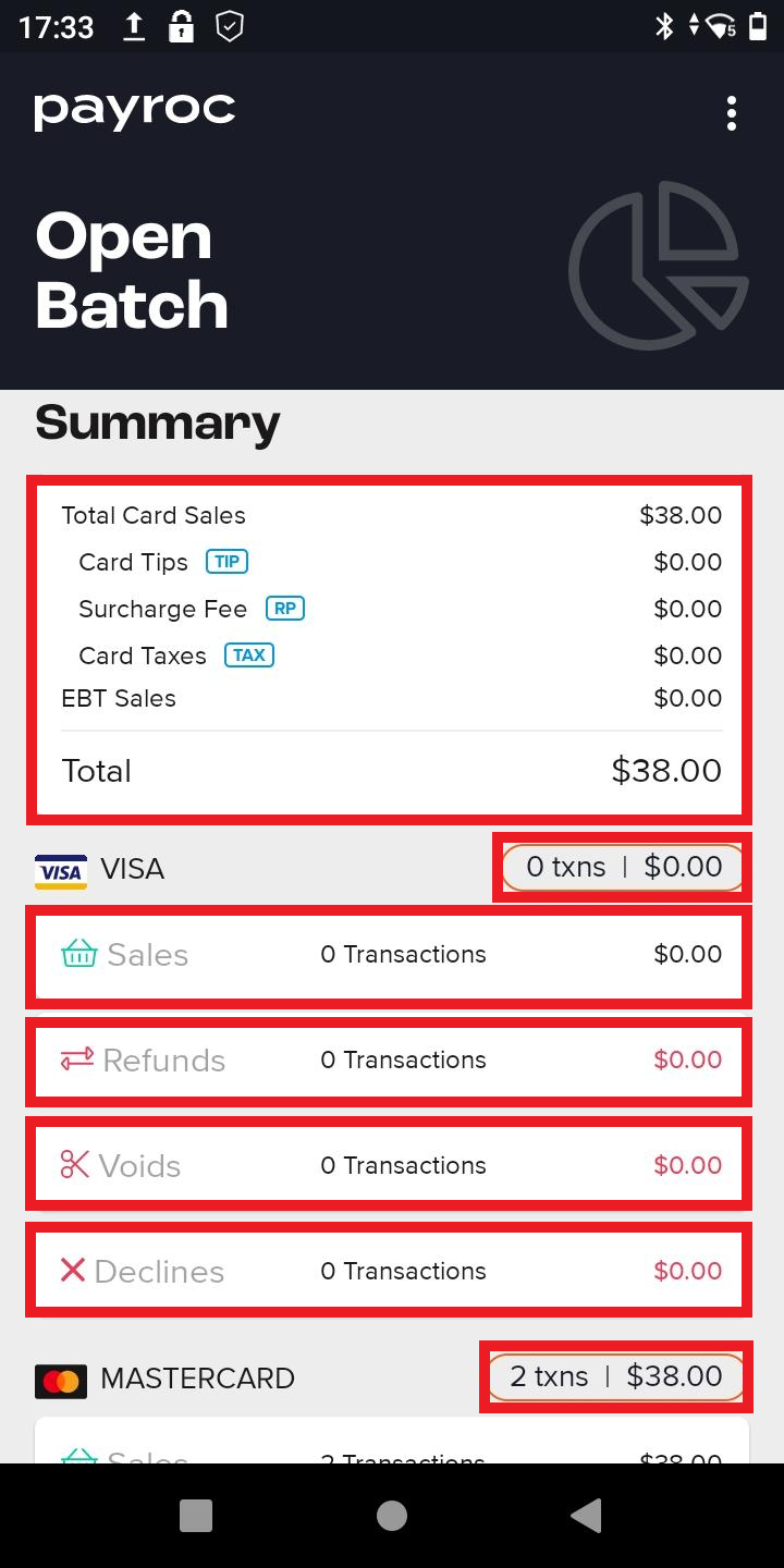 Open Batch summary with the tappable summary, card brand totals, and transaction type rows highlighted