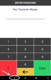 Roc Terminal+ Master passcode screen with the back button circled in the navigation bar
