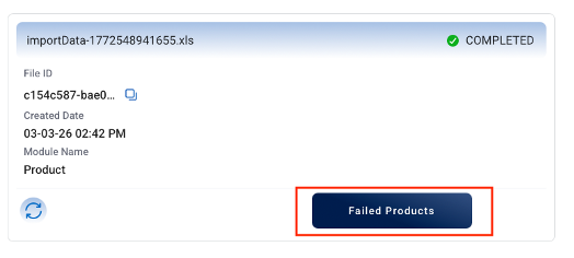 Completed upload in the Upload Center with the Failed Products button highlighted