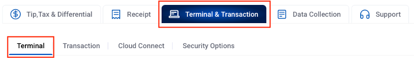Device parameters with the Terminal & Transaction tab and the Terminal tab highlighted