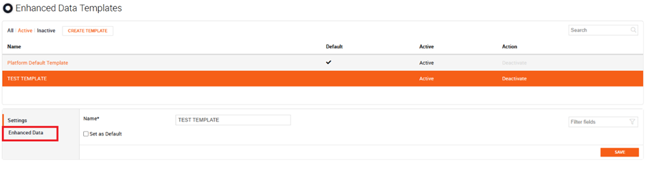 Enhanced Data Templates page with a template selected and the Enhanced Data tab highlighted