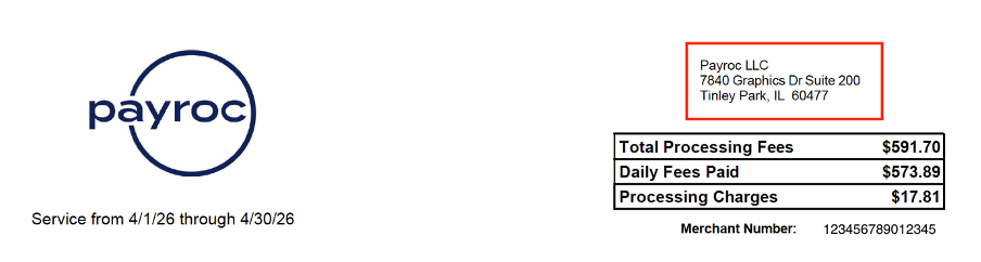 Statement cover page with the Payroc address highlighted at the top-right