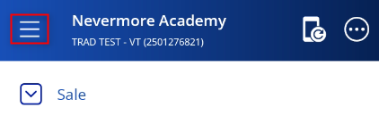 Sale screen header with the navigation menu highlighted