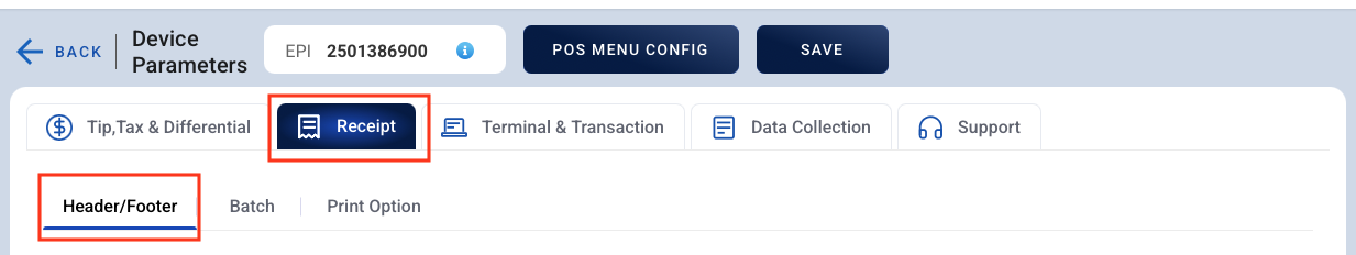 Device Parameters page with the Receipt tab and the Header/Footer tab highlighted
