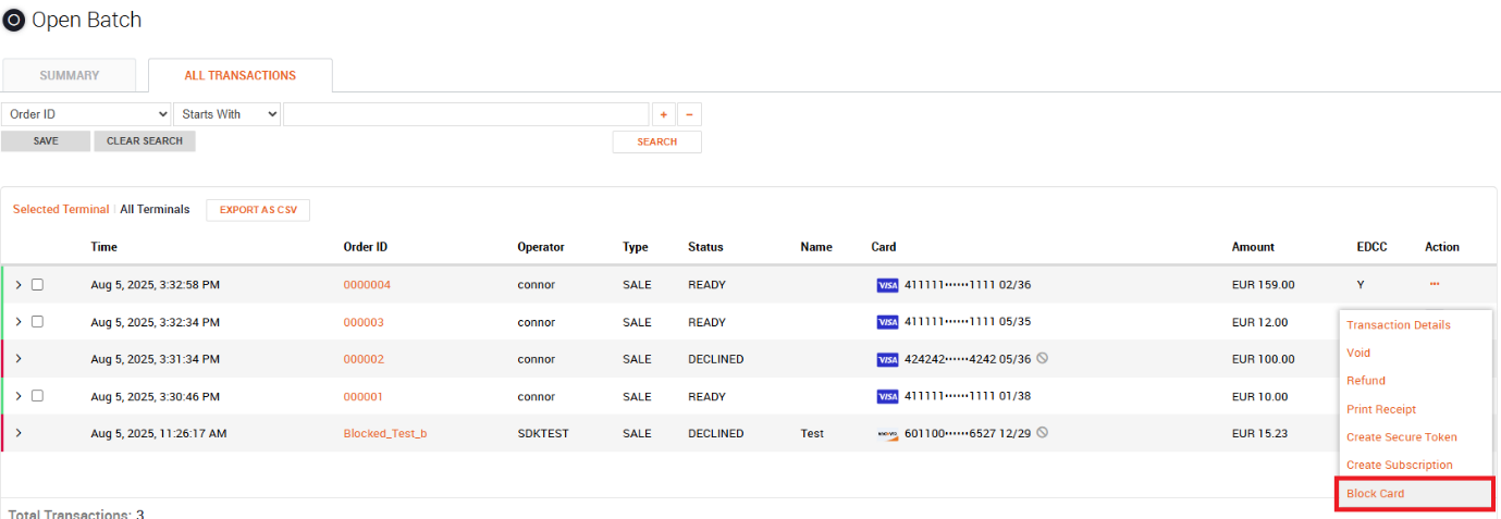 All Transactions tab with the Action menu open and Block Card highlighted