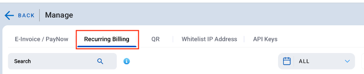 Manage page with the Recurring Billing tab highlighted