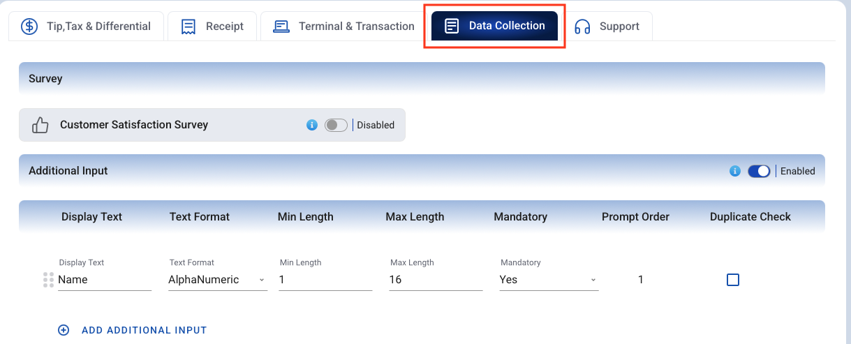 Data Collection tab highlighted, with Additional Input enabled and a custom field row