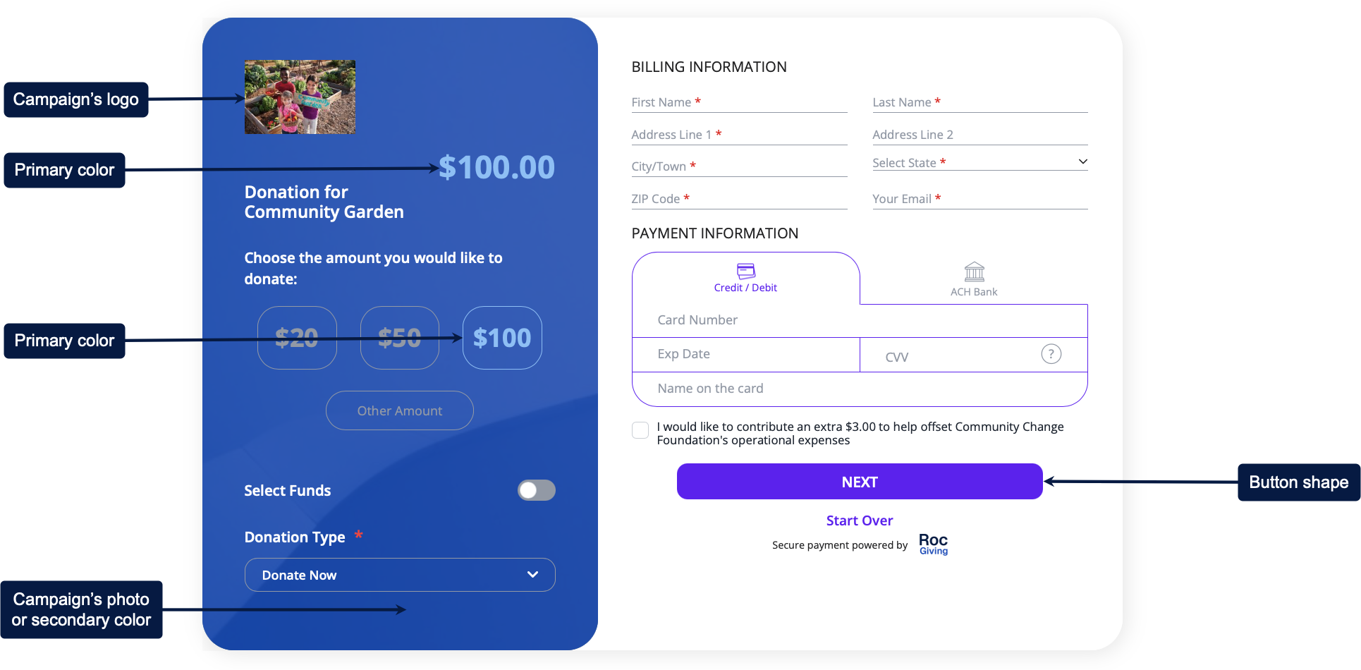 Donation page with the campaign's logo, primary color, button shape, and photo or secondary color labeled