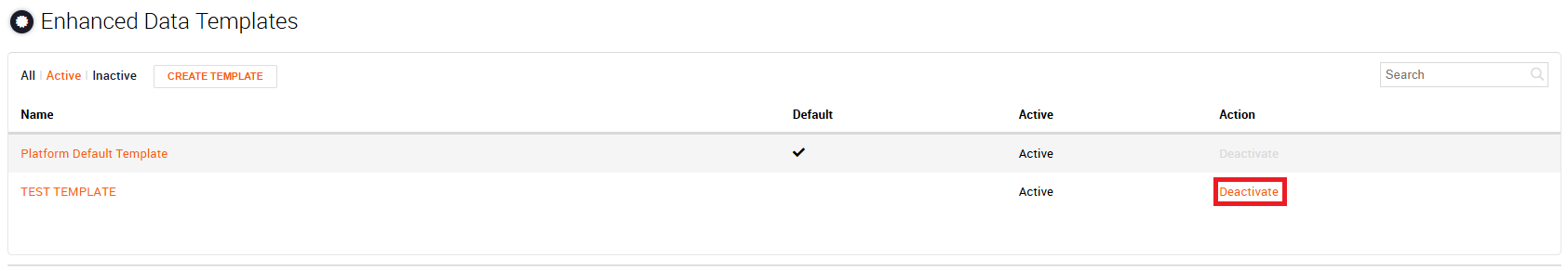 Enhanced Data Templates page with the Deactivate action highlighted for a template