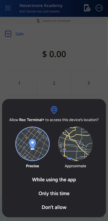 Prompt to allow Roc Terminal+ to access the device location