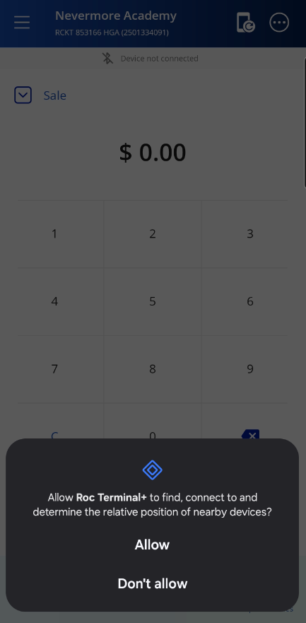 Prompt to allow Roc Terminal+ to find and connect to nearby devices