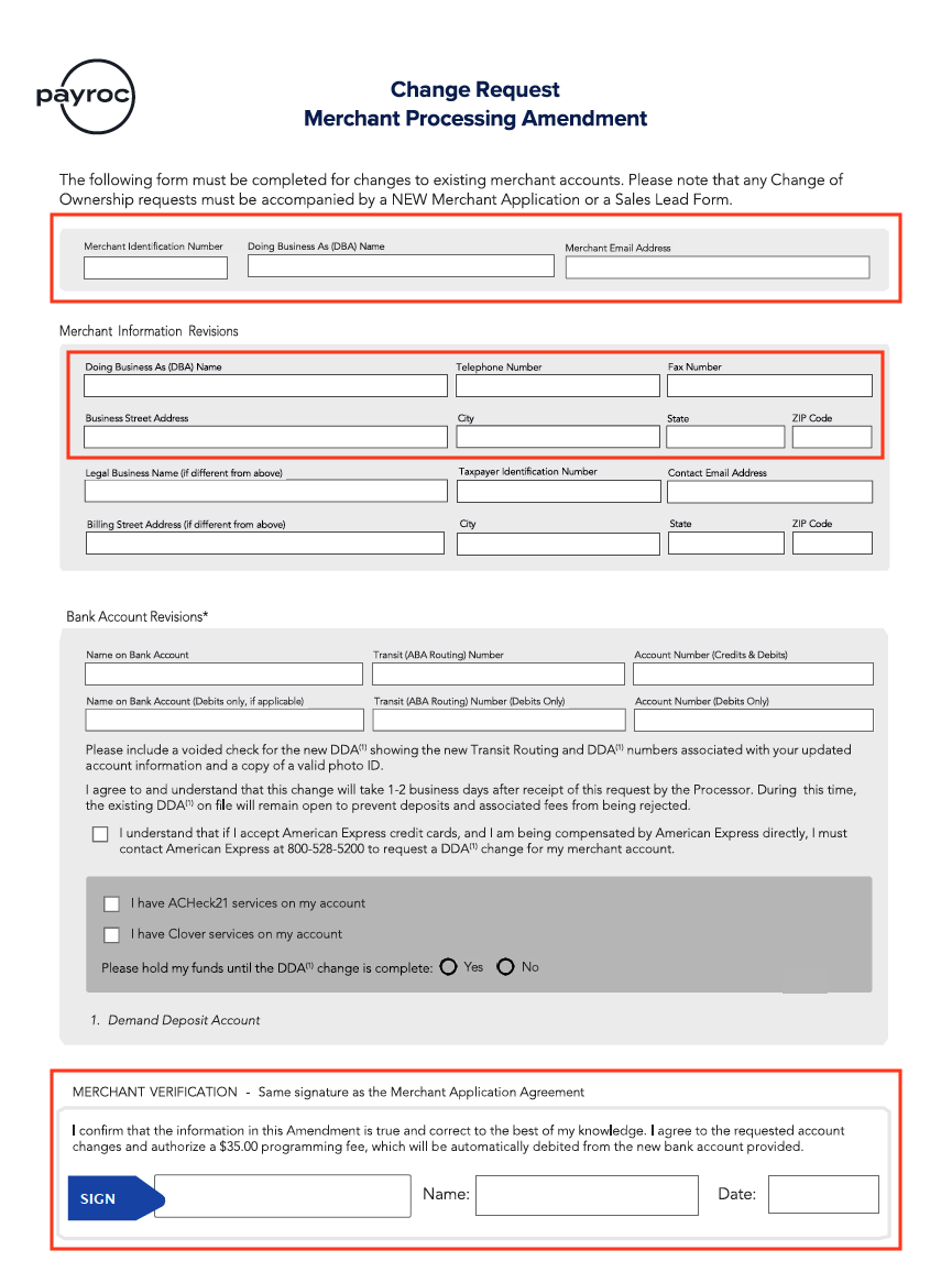 Merchant Processing Amendment form with merchant details, DBA name and address, and verification sections highlighted