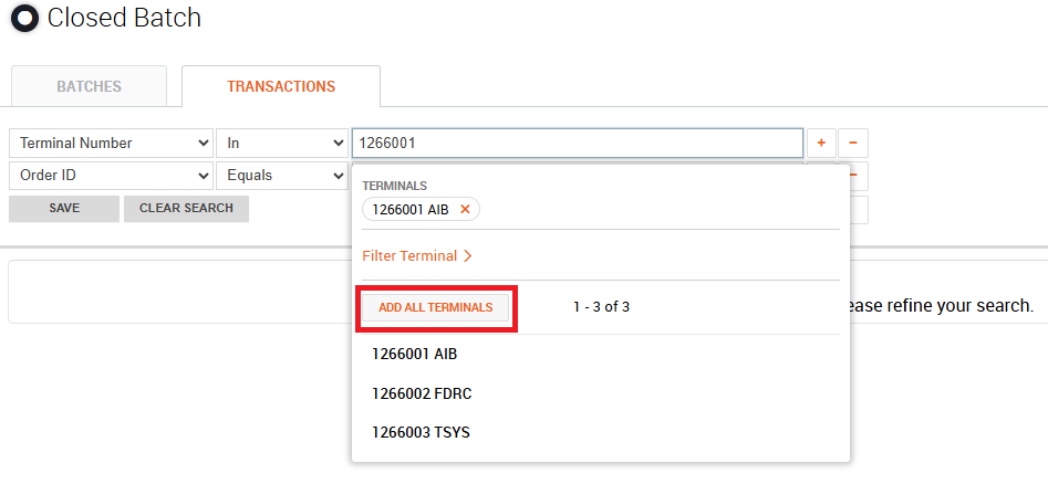 Terminal number list on the Transactions tab with Add All Terminals highlighted