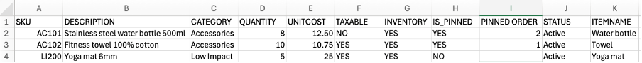Completed inventory template in a spreadsheet with three example items