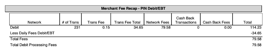 Merchant Fee Recap for PIN debit/EBT with transaction, network, and cashback fees