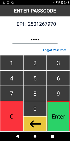 Enter Passcode screen with the passcode entered and the Enter button highlighted