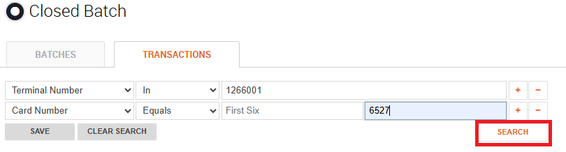 Transactions tab search by terminal and card number, with the Search button highlighted